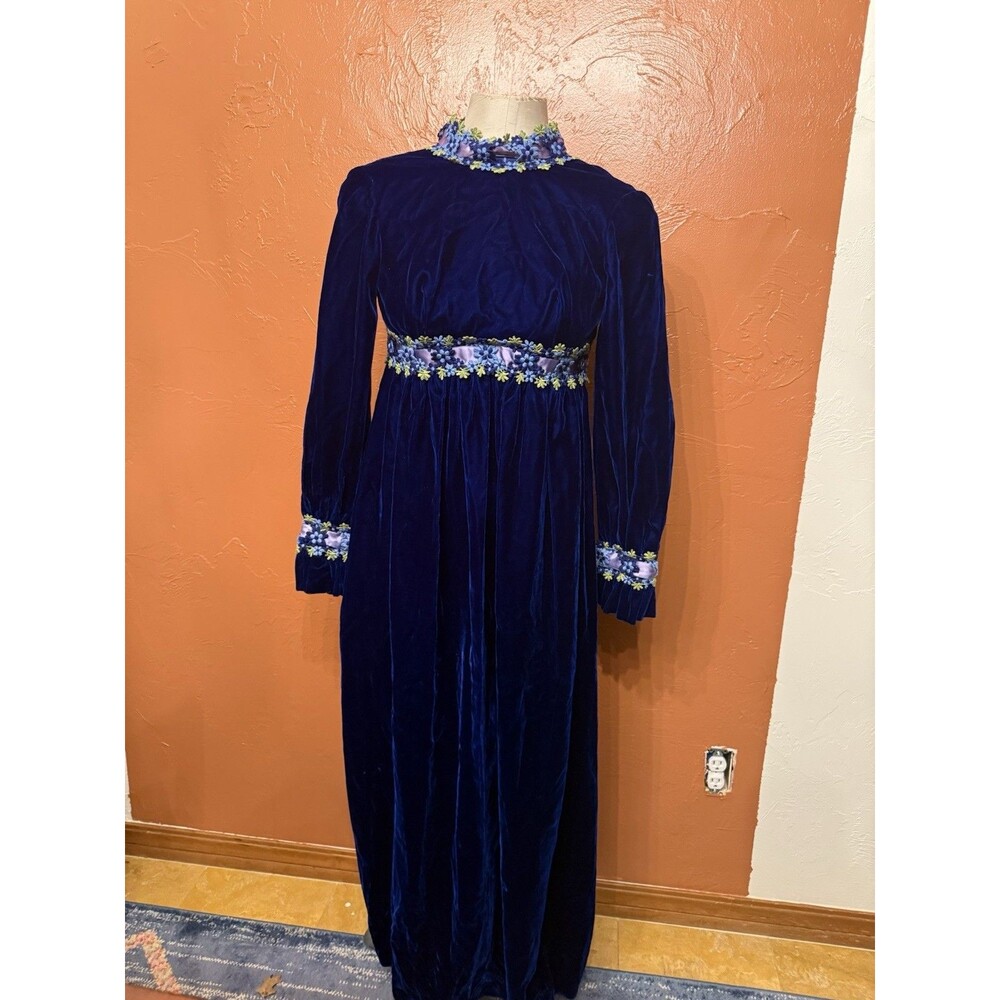 Vintage 1970s Velvet Maxi Dress With Floral Embroidery